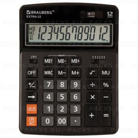 Калькулятор настольный BRAUBERG EXTRA-12-BK (206x155 мм), 12 разрядов, двойное питание, ЧЕРНЫЙ 1/20