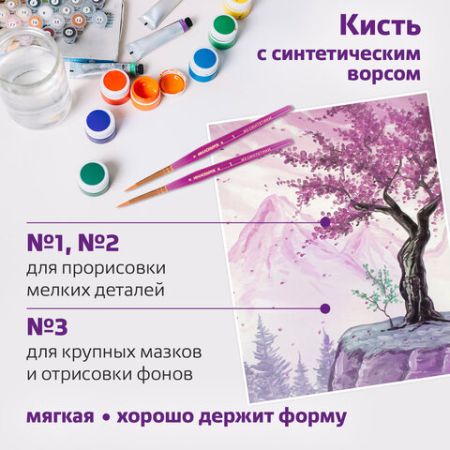 Кисти 3шт синтетика круглые №1, 2 плоская №3 ЮНЛАНДИЯ 1/12