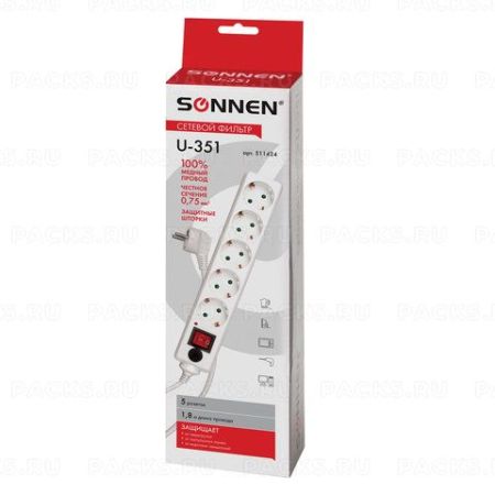Сетевой фильтр 1,8м SONNEN U-351 5 розеток с заземлением 10 А белый 1/40 