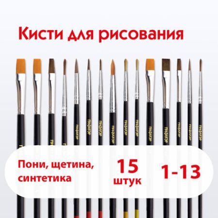 Кисти 15шт Пони 9шт Синтетика 4шт Щетина 2шт плоские круглые ПИФАГОР 1/24/96 (Клиент)