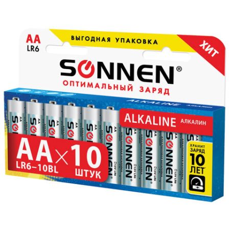 Элемент питания SONNEN, AA (LR6), КОМПЛЕКТ 10шт., АЛКАЛИН , в блистере, 1.5В, 1/6/60