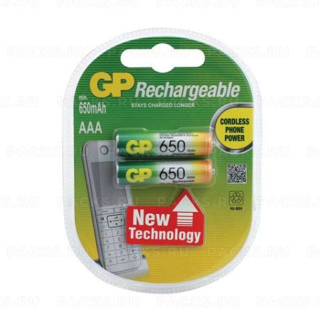 Элемент питания аккумулятор GP (Джи-Пи) AAA(R03) КОМПЛЕКТ 2шт ёмк 650мАч 1,2В