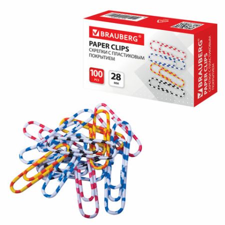 Скрепки BRAUBERG 28 мм с цветными полосками 100 шт  в карт. коробке 1/10
