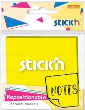 Блок самоклеящийся 76х76мм 80л желтый неон Stick`n 1/12
