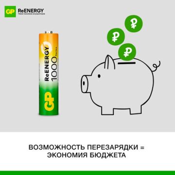 Элемент питания аккумулятор GP ReEnergy Ni-Mh AAA(R03) КОМПЛЕКТ 2шт ёмк 950мАч  (Клиент)