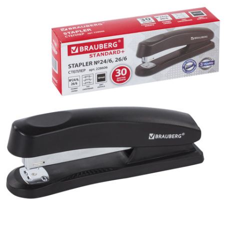 Степлер №24/6, 26/6 BRAUBERG Standard+ до 30 листов полнозагрузочный черный 1/12/96