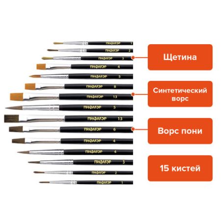 Кисти 15шт Пони 9шт Синтетика 4шт Щетина 2шт плоские круглые ПИФАГОР 1/24/96 (Клиент)