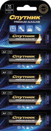 Элемент питания Спутник АА Premium Alkaline LR6/5В на картоне 5/50