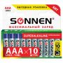 Батарейки КОМПЛЕКТ 10шт SONNEN Super Alkaline AAA (LR03,24А),алкалин,мизинчиковые,короб 1/3/6 (вывод
