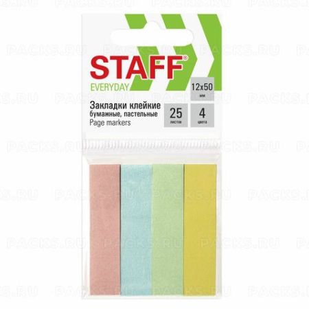Закладки клейкие бумажные 50х12мм 4цв.х25л пастель STAFF 1/48/768