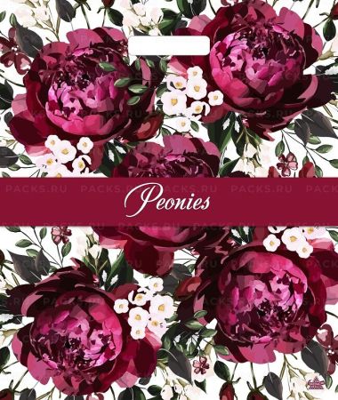 Пакет с вырубной ручкой (38х45)-60 Бордовые пионы Тико 50/500 