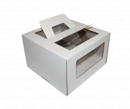 Коробка для торта с окном с ручками 220х220х150мм картонная белая 25/25